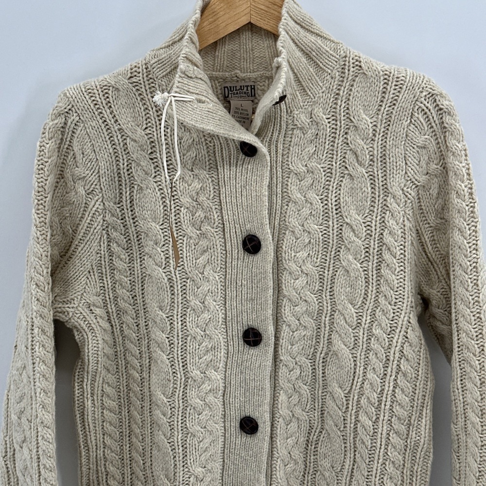 Duluth Trading Fisherman Cardigan Women's L Cream Wool Cashmere Cable Knit NWT - Picture 2 of 16